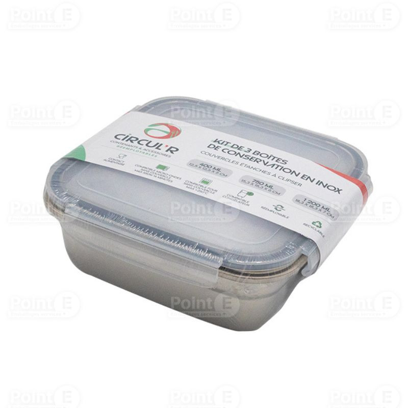 Kit de 3 boîtes réemployables inox avec couvercles Kit de 3 boîtes réemployables inox avec couvercles